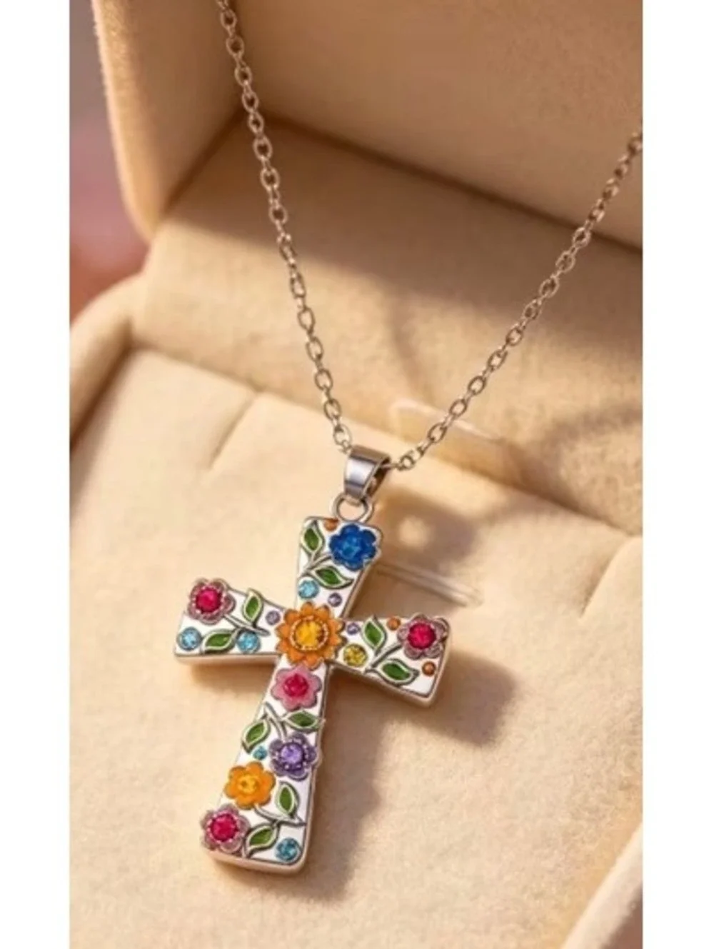 Vibrant Floral Cross Pendant Necklace - Colorful Statement Jewelry